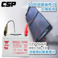【CSP】太陽能板+循環型蓄電池12V50W(可收納攜帶 露營 電瓶充電 連接手機充電 露營車REC50-12I+SP-50)