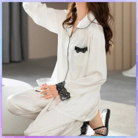 Sexy Ice Silk Pajamas For Women Long Sleeve Pajama Set Spring Summer Autumn Sleepwear Trousers Suit Printing Пижама Женская