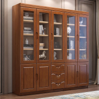 新中式實木書柜家用落地帶玻璃門靠墻置物架現代簡約收納柜展示柜