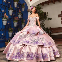 Princess Pink Chapel Train 15 Quinceanera Dress Mexican Charro Luxury Handmade Floral Embroidered Ruffle Vestido De Quinceañera