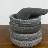 Cobek batu asli ukuran 20cm - 1 set dengan ulekan - batu ori hitam asli merapi