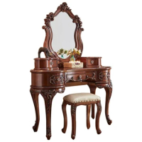 American Solid Wood Carved Dressing Table European Style with Mirror Bedroom Furniture Curved Storage Cabinet
