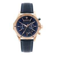 【MASERATI 瑪莎拉蒂】CIRCUITO系列 玫瑰金框 藍面 藍色皮革錶帶 兩眼計時手錶 男錶 情人節(R8871627002)