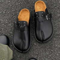 Dép nam kiểu tách ngón, da bò thật, dáng tabi ninja, slip-on có đế nâng đỡ gót chân, giày lười bọc d