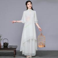新款中國風唐裝套裝茶服文藝復古雪紡連衣裙禪服女唐裝女裝
