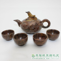 天然女媧石茶具 五彩竹葉青茶壺 玉石喜上眉梢壺 禮品套盒