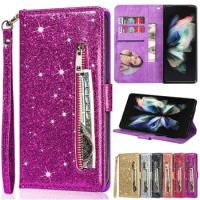 Wallet Glitter Magnetic Flip Leather Case For Samsung Galaxy Z Fold 3 5G Zipper Case For Samsung Galaxy Z Fold 4 5 Cover Case