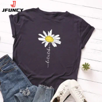 JFUNCY 100% Cotton Women T-Shirt 2024 Summer Tshirt Creative Daisies Printed Woman Short Sleeve Tee Tops Female T Shirt