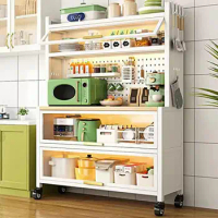 Pantry Cabinet Microwave Stand Buffet Sideboard Quick Assembly Wood Top Steel Frame Glass Doors Organizer Storage Rack- Tea