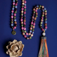 Japamala 108 necklace Meditation Yoga Jewelry 108 Mala Rosary,Beads Knotted Japamala Necklace Tourmaline Colorful bead tassel