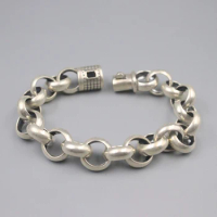 Pure 925 Sterling Silver Bangle 16mm Round Circle Cable Link Chain Bracelet Men Gift 64-65g / 22cm