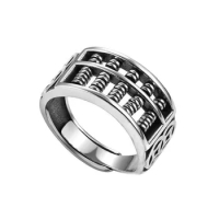 10mm Width Real S925 Sterling Thai Silver Retro Chinese Folk Customs Coin Abacus Lucky Open Ring Woman Jewelry Gift