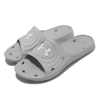 【UNDER ARMOUR】拖鞋 Locker IV 男鞋 灰 白 一體式 舒適 排汗 排水 涼拖鞋 一片拖(3023758100)
