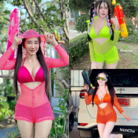 3 ชิ้น จั้มตาข่ายแขนยาว บรา+เกงขาสั้น Nicha( xs s)