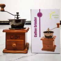 Household Hand Grinder Coffee Grinder Coffee Maker Coffee Bean Grinder Antique Appearance Stainless Steel Wooden Base