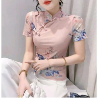 0226 CNY Herona Cheongsam Mesh Top Baju Imlek Wanita Atasan Bunga Tile Kancing Karet Panjang Samping