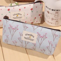 Cute Kawaii Floral Flower Canvas Zipper Pencil Cases Lovely Fabric Flower Tree Pen Bags School Supplies