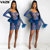 VAZN 2020 Summer Hot Open Novelty See Through Sexy Club Young Style Full Sleeve High Waist Women Thin Mini Dress