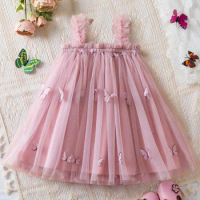 Summer New Baby Girls Dress 1-5 Yrs Girls Princess Birthday Party Dresses 3D Butterfly Mesh Strap Dress Children Casual Clothes