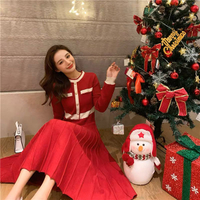 ANNAS 正韓 聖誕節洋裝 針織洋裝 連身裙 小香風 長洋裝 聖誕 新年 過年 金屬釦 紅色洋裝 韓國