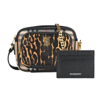 【BURBERRY 巴寶莉】BURBERRY VINTAGE金字TB LOGO豹紋拼接設計帆布拉鍊斜背包/5卡卡片夾(黑x典藏米)