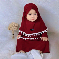 Gamis bayi pompom set hijab bahan jersy spandek gamis anak wanita 0 - 5 tahun Cantik Lembut Muslim N
