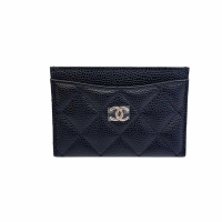 CHANEL香奈兒 經典雙C LOGO菱格紋小牛皮卡包/名片夾(黑銀)