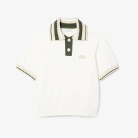 【LACOSTE】女裝-寬鬆大翻領鈕扣撞色短袖Polo衫(白色)
