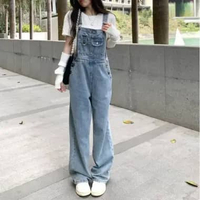 Jumpsuit Jeans Wanita Longgar Dan Lurus S Biru