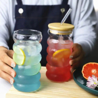 High Borosilicate Glass Caterpillar Cup Simple Circle Cup Milk Tea Cup with Straw Spiral Wave Glass