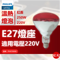 Philips 飛利浦 2入 250W 220V E27 紅外線溫熱燈泡 紅面 _ PH070008