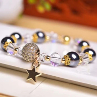 Natural Terahertz Round Rock Crystal Polyhedron Beaded 8mm Lucky Gray MoonStone Women Men Bracelet New Charm Jewelry Gift