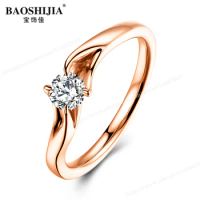 BAOSHIJIA 3.5mm Round Cut Moissanite Gemstone Ring Solid 10k Rose Gold Women's Fashion Jewelry 1.6gram Elegant Simple Style