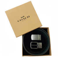COACH 雙釦頭PVC/牛皮雙面用寬版皮帶原廠禮盒(黑灰/墨綠)