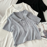 polo領短袖t恤女夏季新款設計感小眾高腰短款針織冰絲上衣