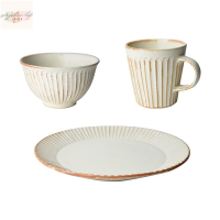 益子燒米飯碗復古條紋牛奶咖啡杯馬克杯陶製餐具盤子餐盤