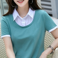 韓版襯衫領純棉短袖t恤女港風個性有領上衣寬松大碼帶領半袖體恤1入