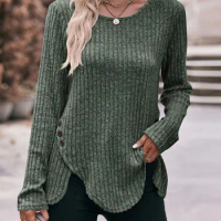ZANZEA Vintage Knitted Tops Women Long Sleeve Blouse Fashion Round Neck Pullover 2023 Autumn Irregular Split Hem Shirts Oversize