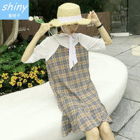 【V1822-1】shiny藍格子-瑕疵特賣．假兩件鍊條格紋魚尾短袖洋裝