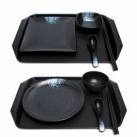 日式餐具套裝碗碟黑色快餐廳蓋澆飯餐盤子炒飯塑料創意簡餐盤商用