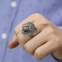 925純銀飾品 夸張個性復古泰銀戒指鑲嵌松石豹頭指環單身男戒霸氣