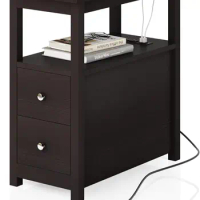 3-Tier Side Table Slim Sofa End Table with 2 Drawers and 1 Open Shelf Narrow Space, Outlets and USB Ports Included, Brown