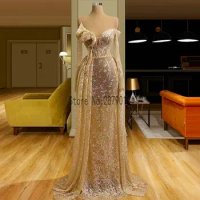 Champagne Perspective Mermaid Evening Dresses Long Sleeve One Shoulder Evening Party Gowns
