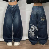 Y2K Fashion Street Hip Hop Big Pocket Classic Death Print Baggy Jeans Vintage High Waist Denim Pants Women's Wide Leg Pants
