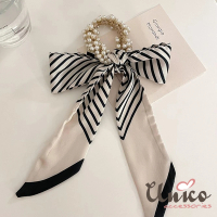 【UNICO】韓國兩用款珍珠搭絲巾飄帶髮圈-條紋款(聖誕/髮飾)