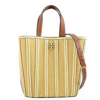 【TORY BURCH】經典雙T LOGO條紋帆布拼接手提包托特包兩用包(淡黃)