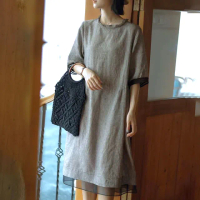 【ACheter】韓式文藝千鳥格棉麻連身裙寬鬆顯瘦圓領七分袖A字長版洋裝#116757(格子)