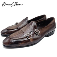 DAOCHEN MENS GENUINE LEATHER SHOES COFFEE BLACK HANDMADE MONK STRAP PATENT LOAFERS WEDDING PARTY CASUAL DRESS MENS SHOES