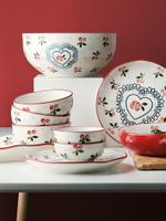 半房手繪櫻桃花邊碗陶瓷草莓碗可愛焗沙拉大湯盤水果盤大號沙拉碗