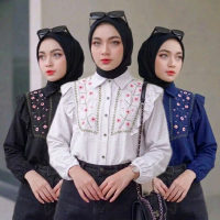 Kemeja Blouse Bordir Motif Bunga Polo Linen Model Terbaru Atasan Wanita Korean Style Ruffle Motif Bu
